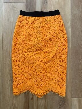Marco Bologna Bright Orange Lace Pencil Skirt with Black Waistband Size 4